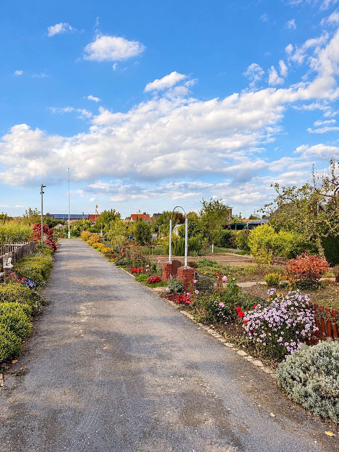 Der Hauptweg der Kleingartenanlage, gesäumt von Rosen, Astern und herbstlich bunten Beeten